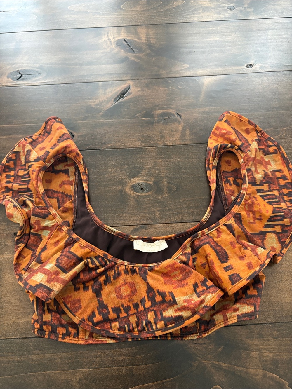 Ulla Johnson Rust and Brown Ikat Ruffle bikini top crop top